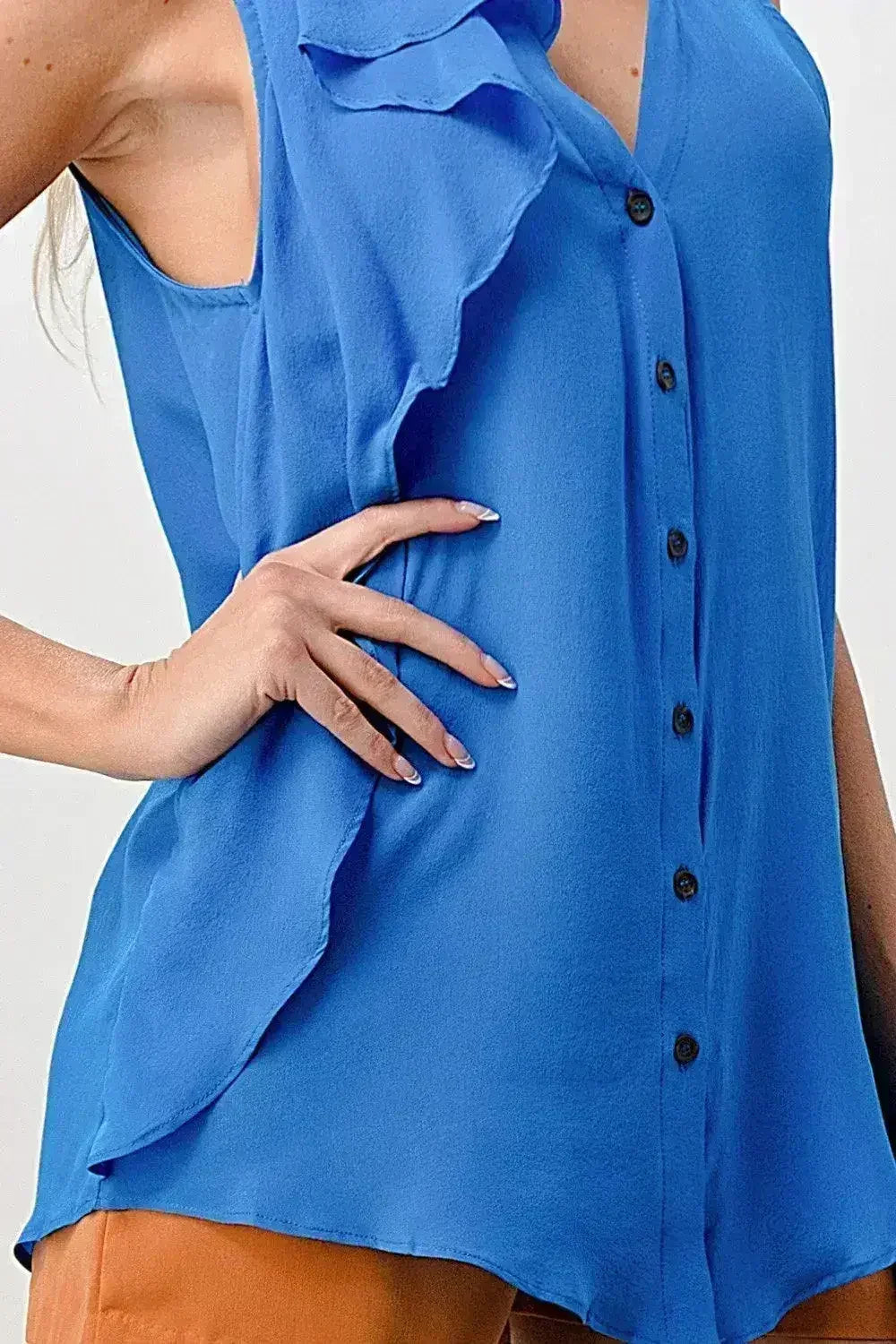 Silk Sleeveless Ruffle Blouse - Asymmetrical Button-Up Top in Orange & Blue