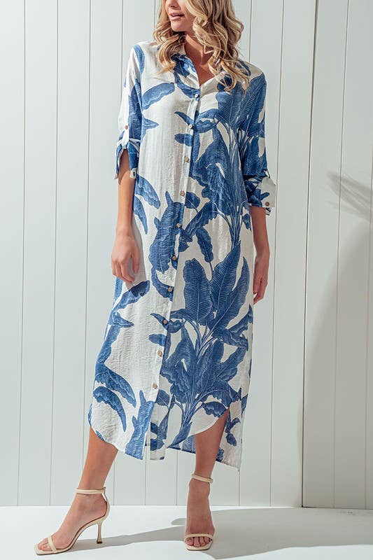 Tropical Palm Leaf Button-Down Midi Dress - Resort, Spring and Summer Collection