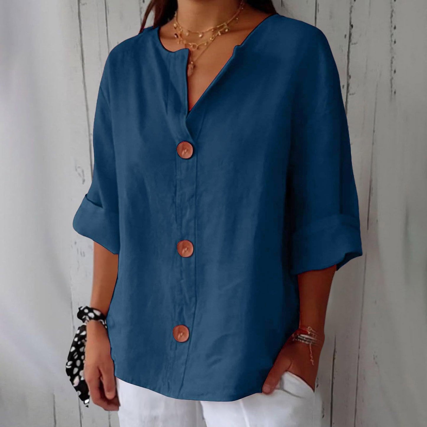 Women's V-Neck Cotton Linen Blouse