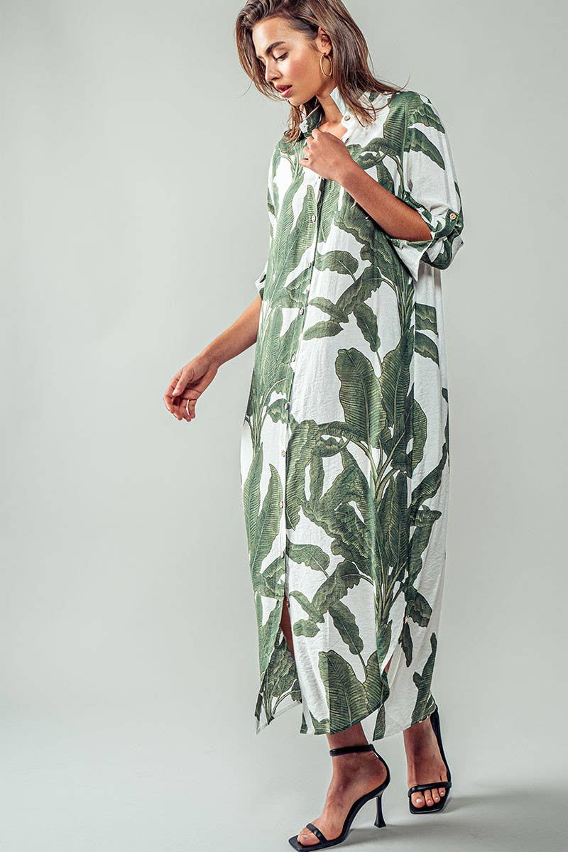Tropical Palm Leaf Button-Down Midi Dress - Resort, Spring and Summer Collection
