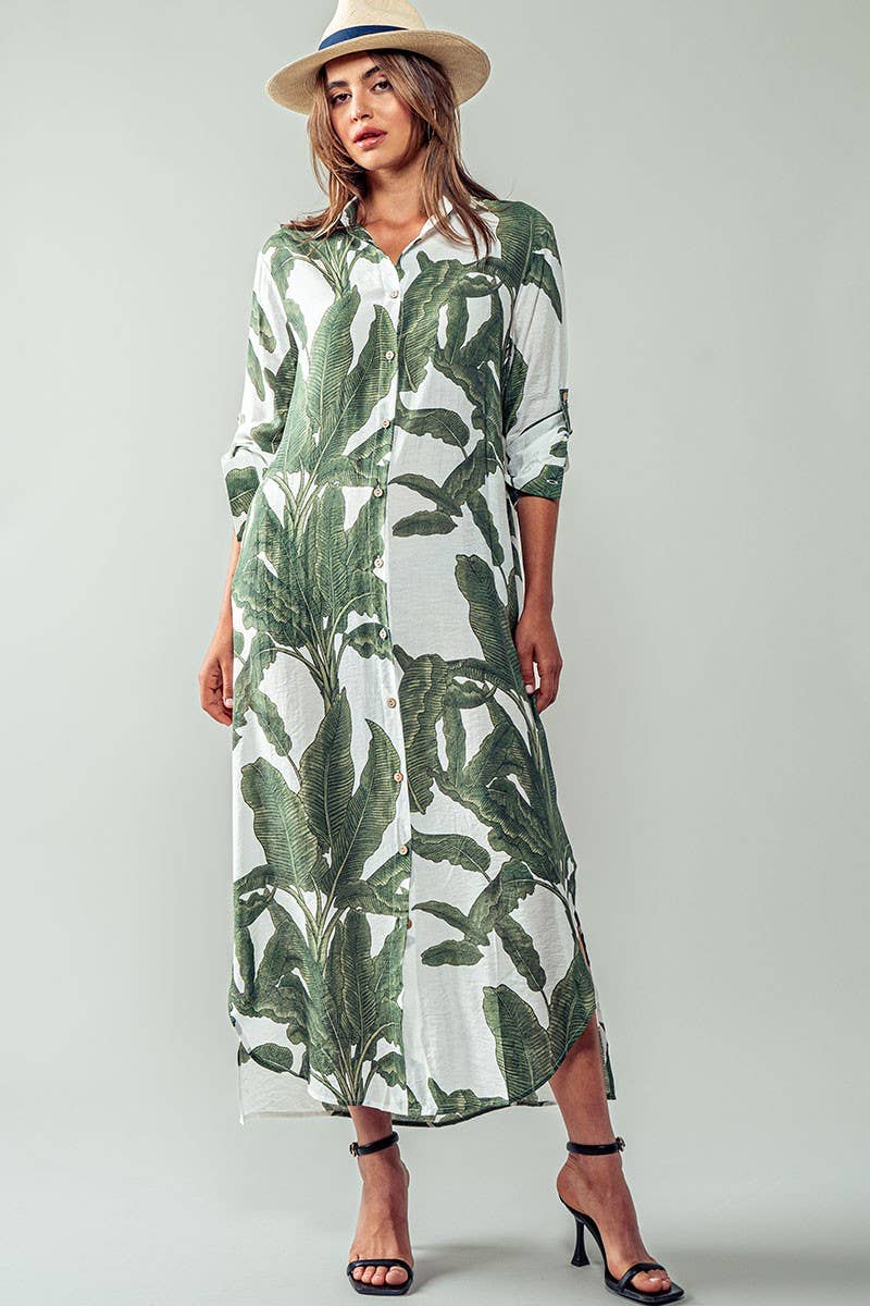 Tropical Palm Leaf Button-Down Midi Dress - Resort, Spring and Summer Collection