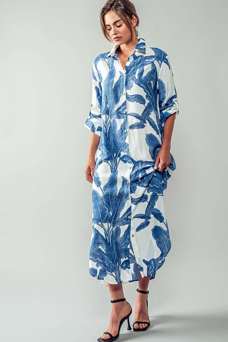 Tropical Palm Leaf Button-Down Midi Dress - Resort, Spring and Summer Collection