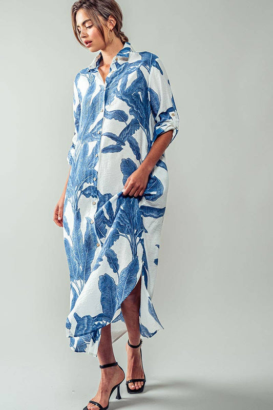 Tropical Palm Leaf Button-Down Midi Dress - Resort, Spring and Summer Collection