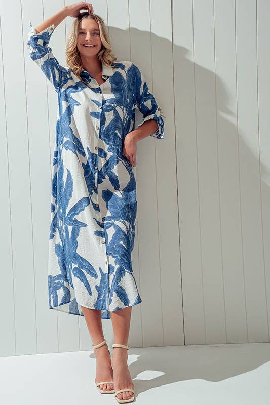 Tropical Palm Leaf Button-Down Midi Dress - Resort, Spring and Summer Collection