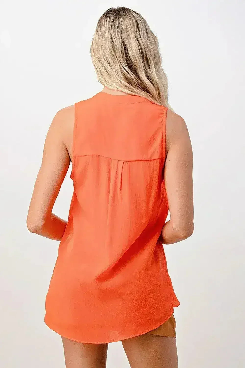 Silk Sleeveless Ruffle Blouse - Asymmetrical Button-Up Top in Orange & Blue