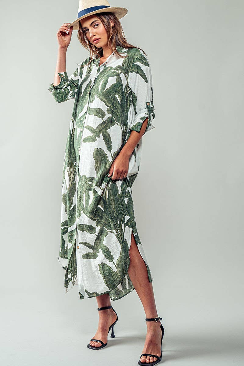 Tropical Palm Leaf Button-Down Midi Dress - Resort, Spring and Summer Collection