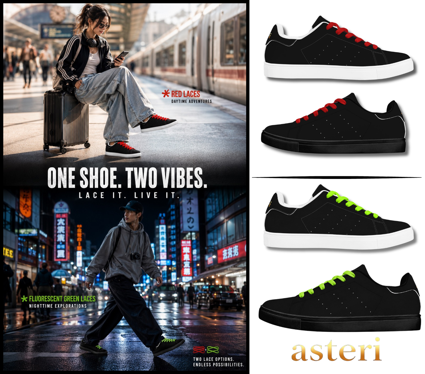 Unisex Low Profile Vegan Leather Sneakers - All Midnight Black with Red-Eye laces (Free Travel Shoe Bag and bonus colored laces Included)
