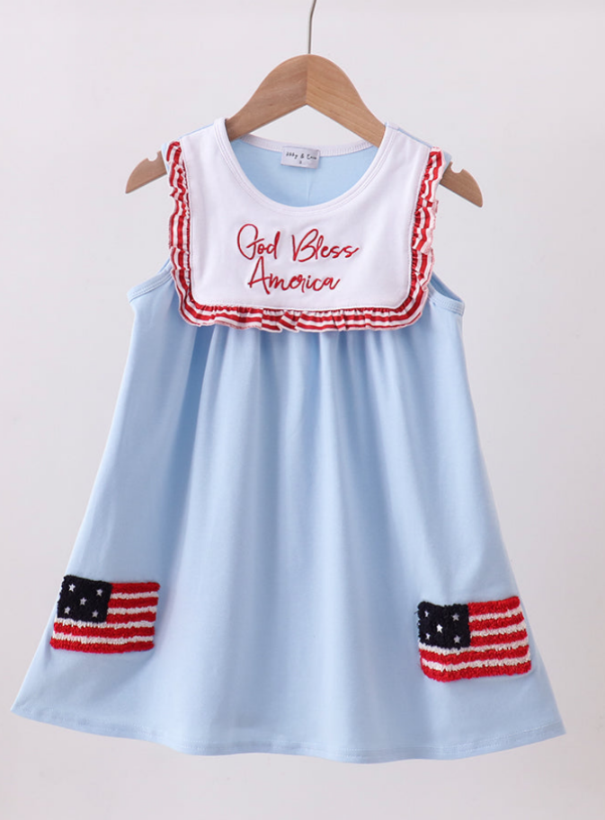 Blue god bless America flag french knot ruffle dress