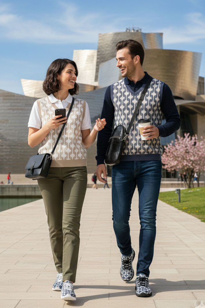 Man wearing Asteri Bilbao and and navy geometric sweater vest styled with jeans and bold sneakers