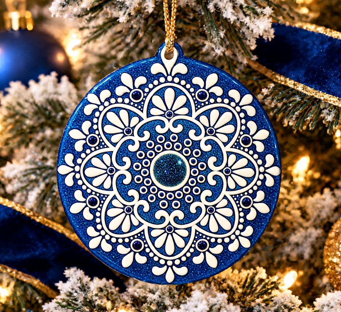 A round blue Christmas ornament with a white floral mandala pattern and a gold hanging loop, displayed on a decorated Christmas tree with lights and blue ribbons.