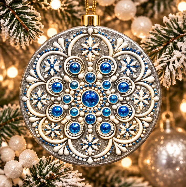 Silver round ceramic Christmas ornament featuring intricate ivory floral mandala artwork and sparkling blue jewel-like details by Simply Sim Artistry × Asteri.