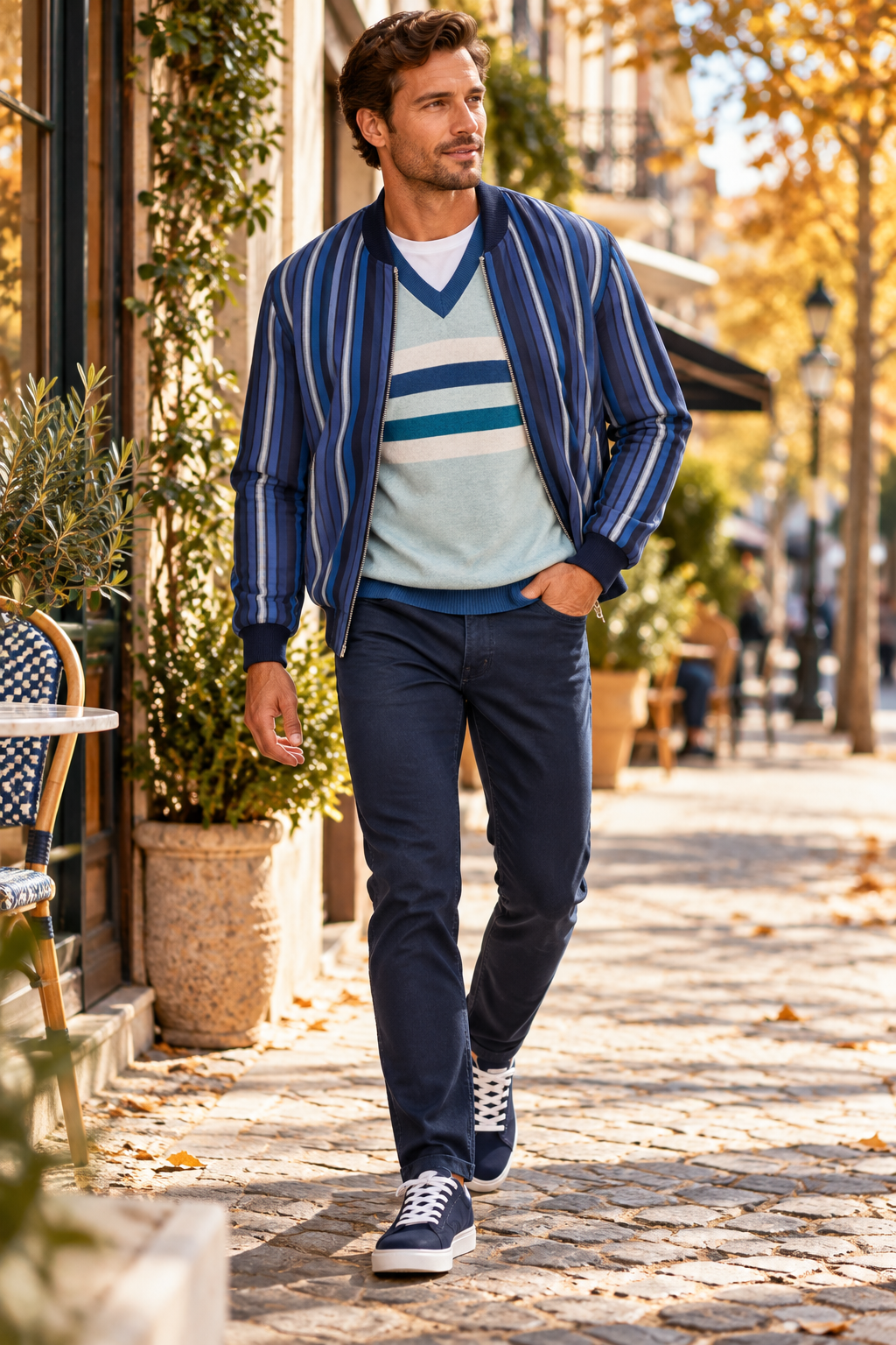 Men's blue V-neck sweater vest layered under striped bomber jacket with navy sneakers