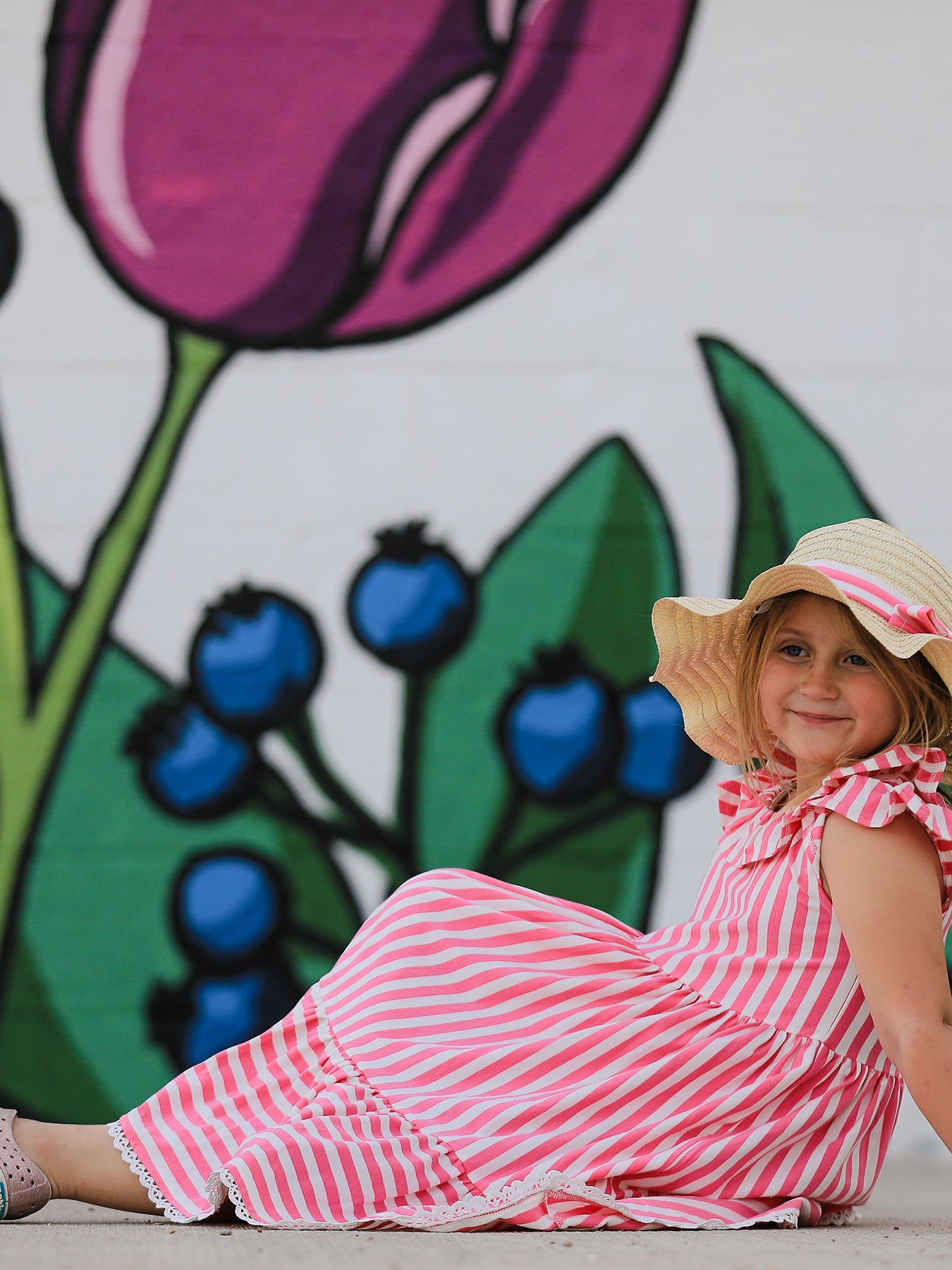 Spring Pink Striped Ruffled Girls' Dress with Hat