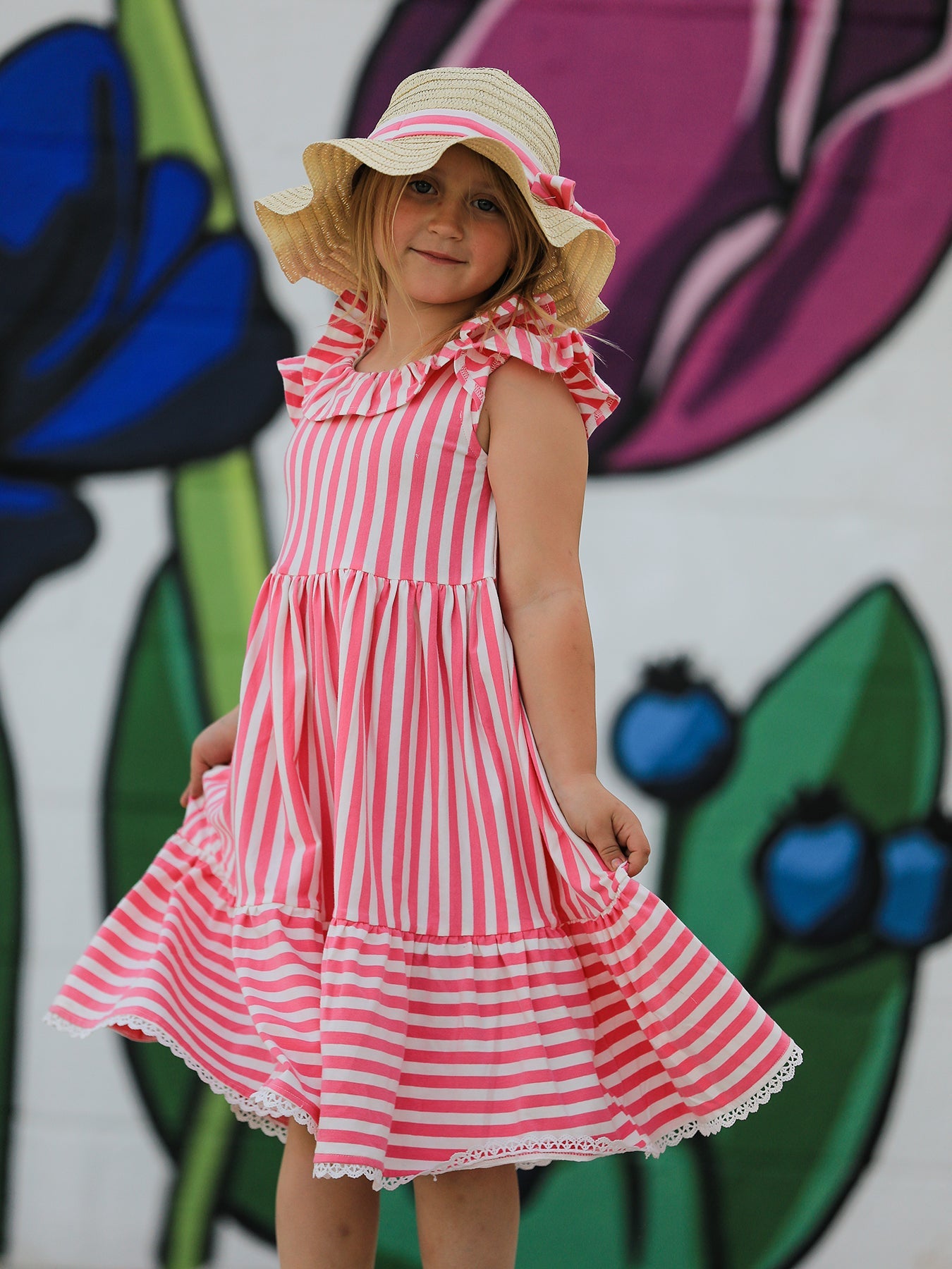 Spring Pink Striped Ruffled Girls' Dress with Hat
