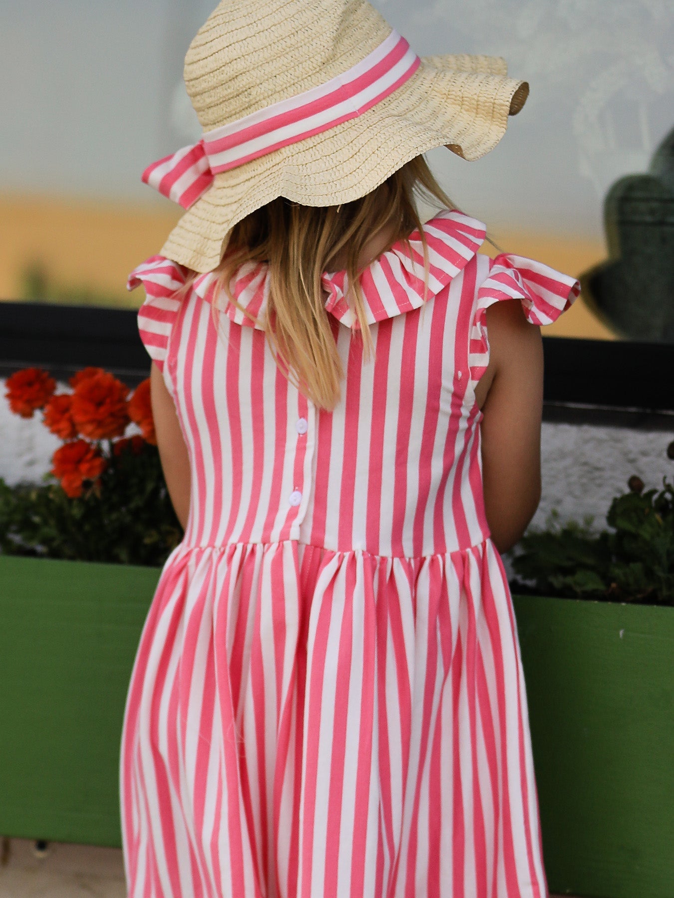 Spring Pink Striped Ruffled Girls' Dress with Hat