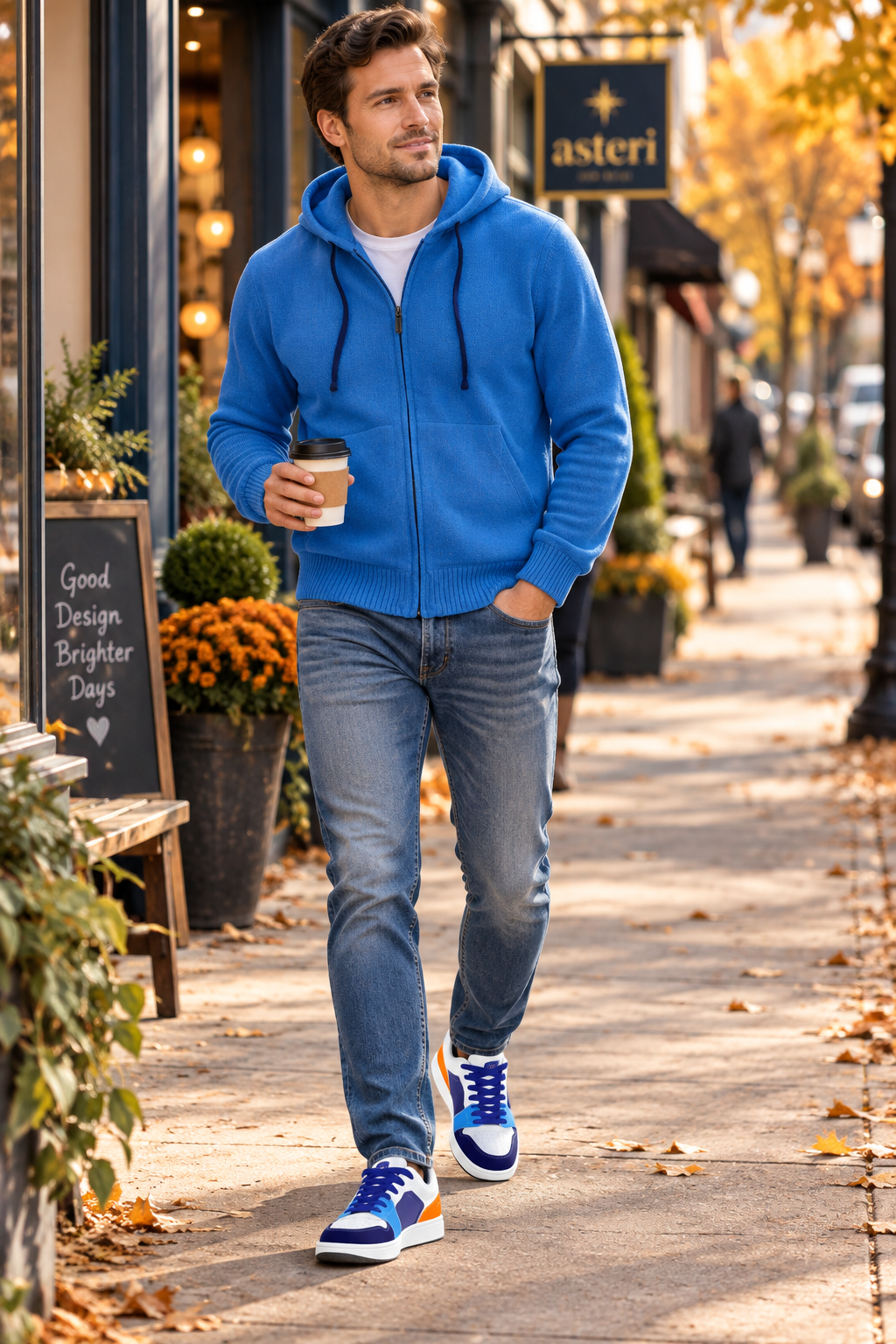 Man wearing blue cotton cashmere zip hoodie with jeans and colorful Asteri sneakers on a fall day
