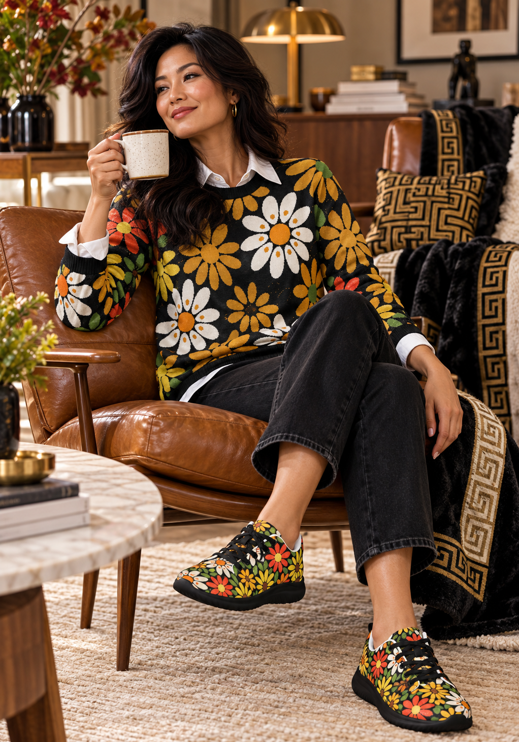 Woman wearing Asteri x Sim Artistry MOD BLOOM floral sweater with black jeans and coordinating floral sneakers