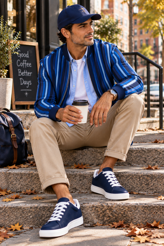 Blue Striped Denim Bomber Jacket - Handmade