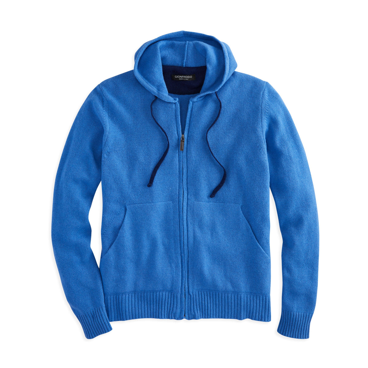 Blue cotton cashmere full-zip hoodie with drawstring hood and front pockets
