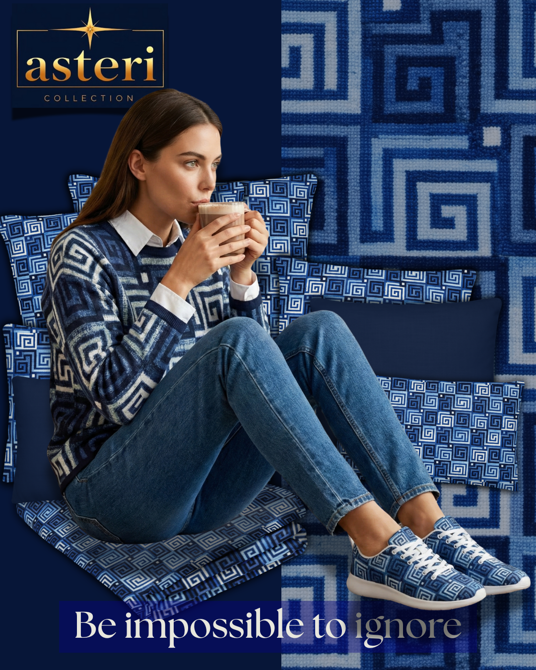 Premium Throw Pillow - Blue Greek Key Design in 3 Sizes