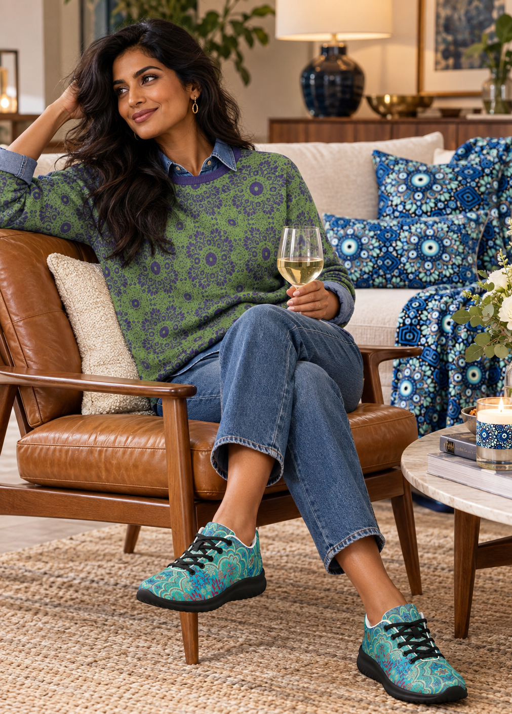 Woman wearing Asteri green and purple medallion knit sweater with denim shirt, jeans and patterned sneakers