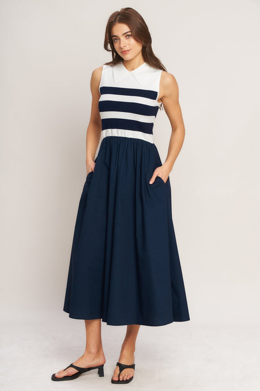 Nautical Elegance Striped Sweater Midi Dress