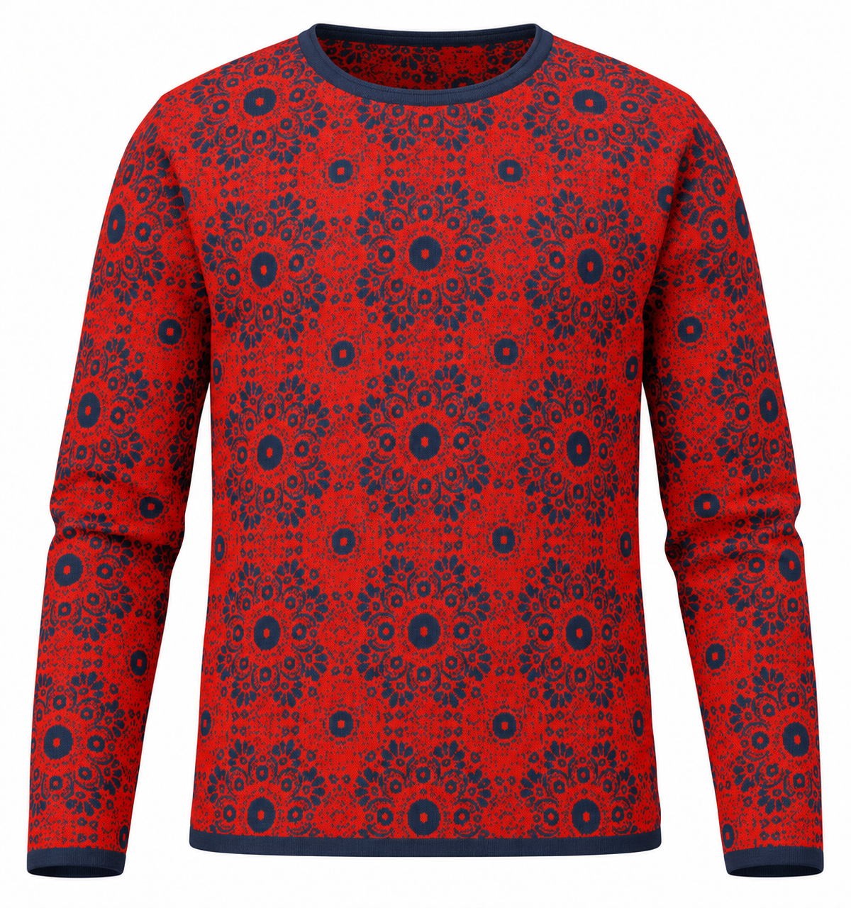 Red and navy Mati Mandala women’s straight-bottom knit sweater from the Asteri × Simply Sim Artistry collaboration.