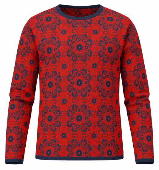 Red and navy Mati Mandala women’s straight-bottom knit sweater from the Asteri × Simply Sim Artistry collaboration.