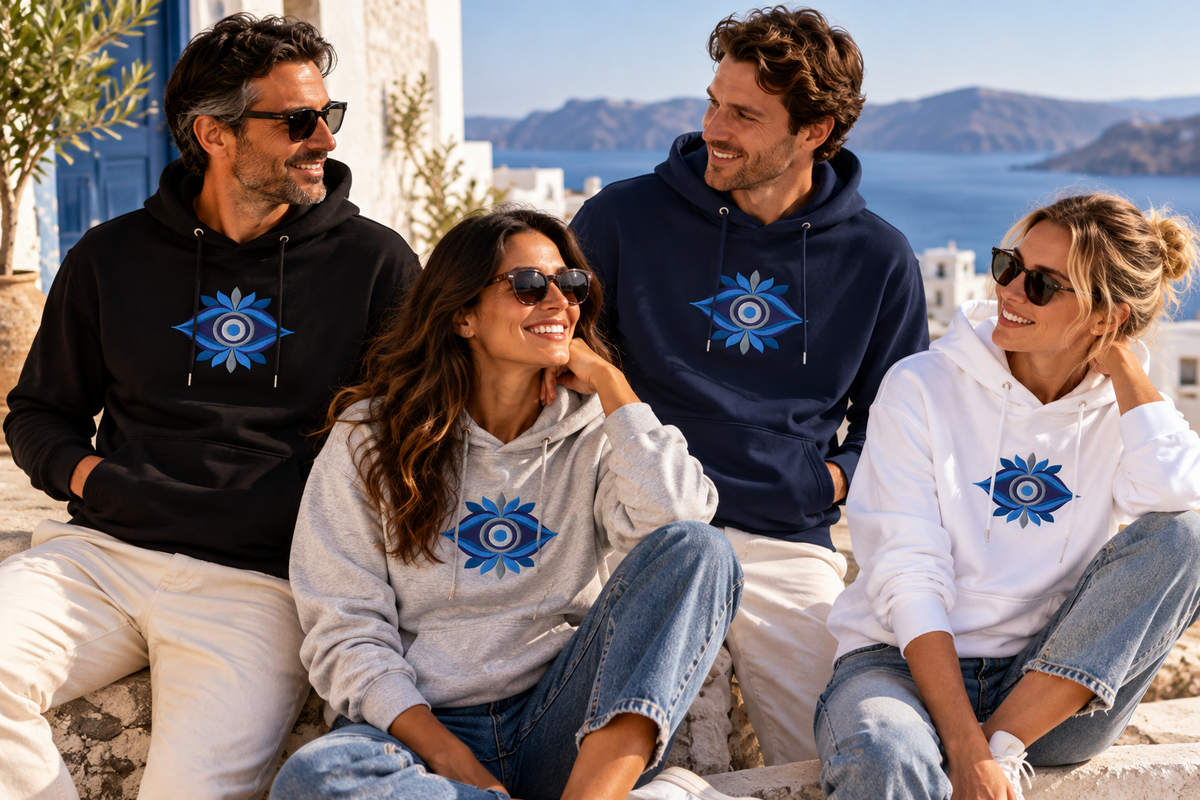 Four models wearing Asteri Modern Mati embroidered hoodies in Black, French Navy, Heather Grey, and White, featuring geometric blue Greek Mati designs against a Mediterranean coastal backdrop.