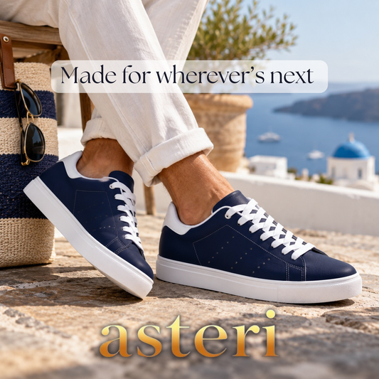 Asteri TRANSIT True Navy vegan leather low-top sneakers with white soles