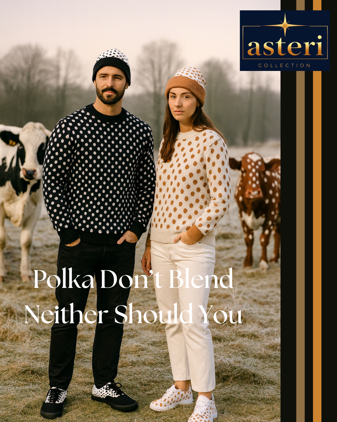 Knitted crew neck sweater - Deep Carmel and White Polka Dots