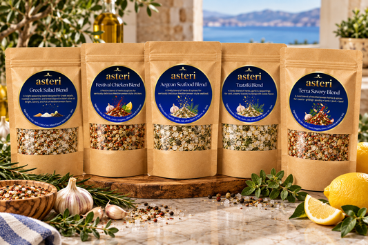 Asteri Mediterranean seasoning blend refill bags in resealable packaging, available in five Greek-inspired spice blends.