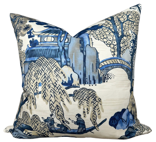 Asian Scenic Pillow Cover in Navy