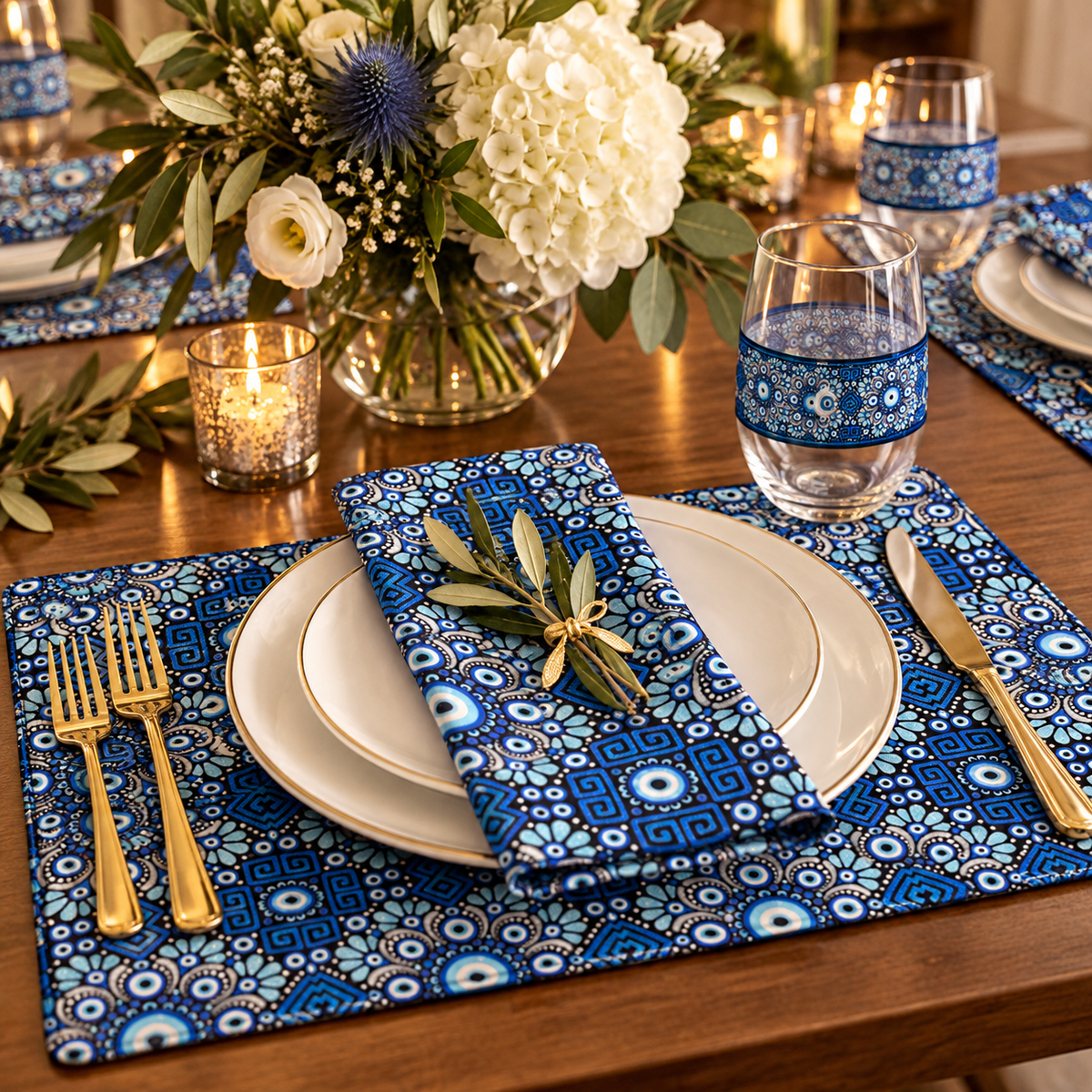 Mati Blue Mandala placemats from the Asteri × Simply Sim Artistry collaboration styled with white dinnerware and gold flatware.