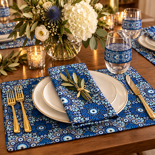 Mati Blue Mandala placemats from the Asteri × Simply Sim Artistry collaboration styled with white dinnerware and gold flatware.