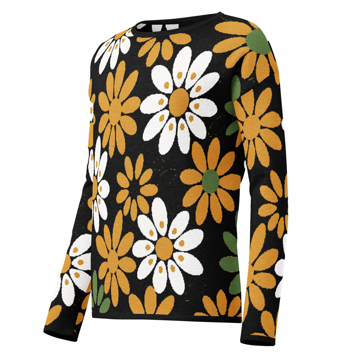 MOD BLOOM women’s black floral knit sweater with mustard and white daisies by Asteri x Sim Artistry