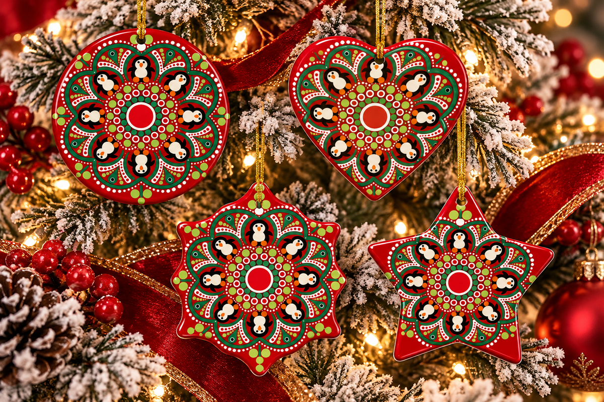 Festive Penguin Mandala Ceramic Christmas Ornaments | Simply Sim Artistry × Asteri