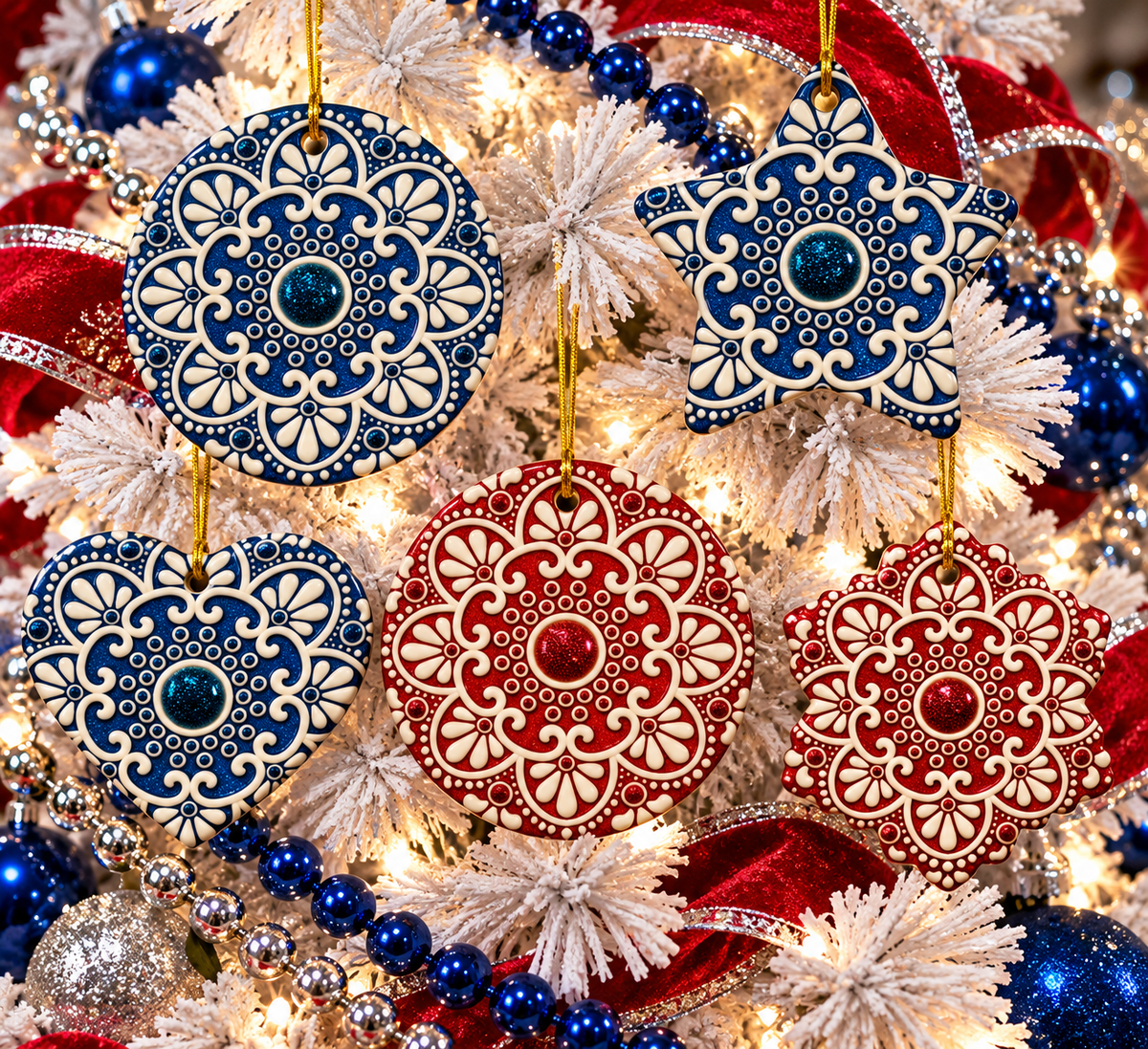 Five blue and red mandala ceramic Christmas ornaments by Simply Sim Artistry × Asteri hanging on a flocked white Christmas tree with festive ribbons and lights.