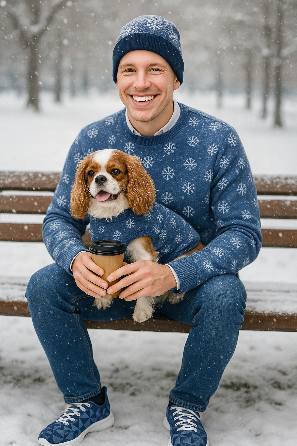 Relaxed fit knitted crew neck sweater - Blue and White Snowflake