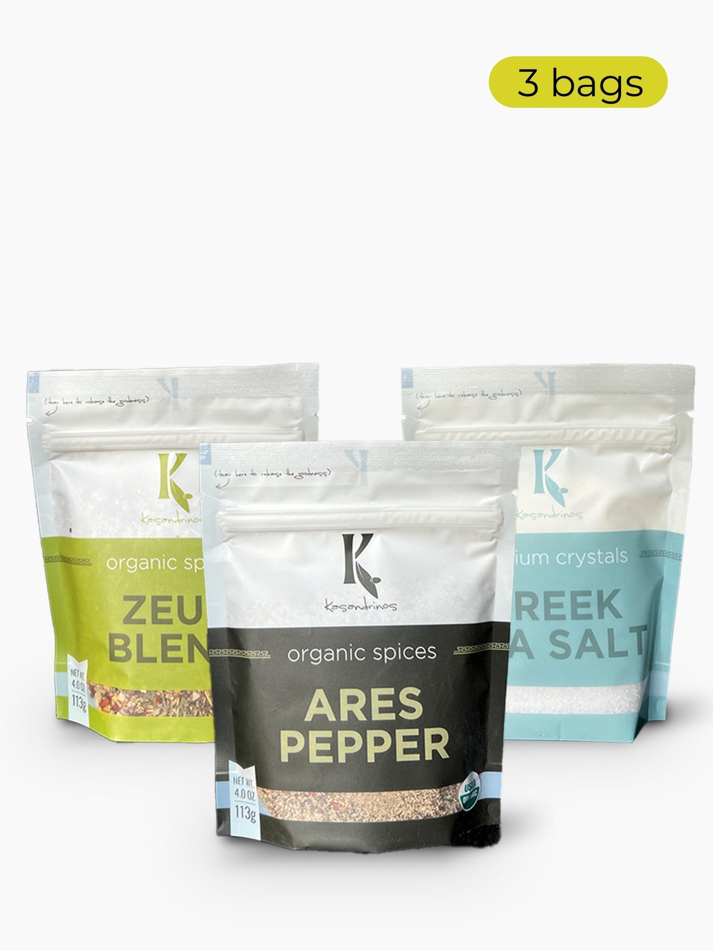 Kasandrinos Spice Variety Pack (3) - Ares Pepper Blend, Zeus Blend and Greek Sea Salt