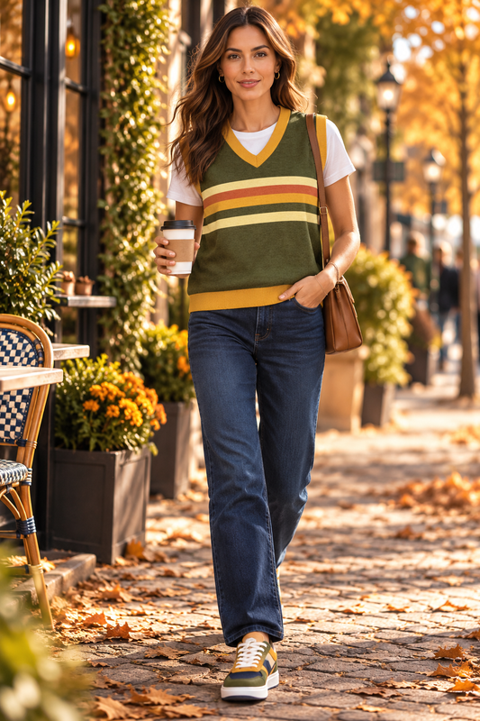 women's olive green striped V-neck sweater vest layered over a white T-shirt for fall
