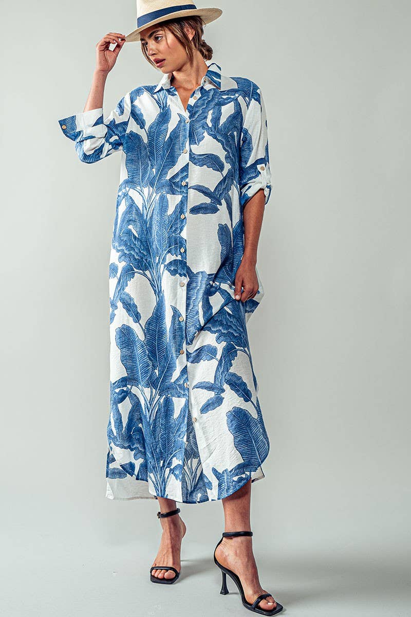 Tropical Palm Leaf Button-Down Midi Dress - Resort, Spring and Summer Collection