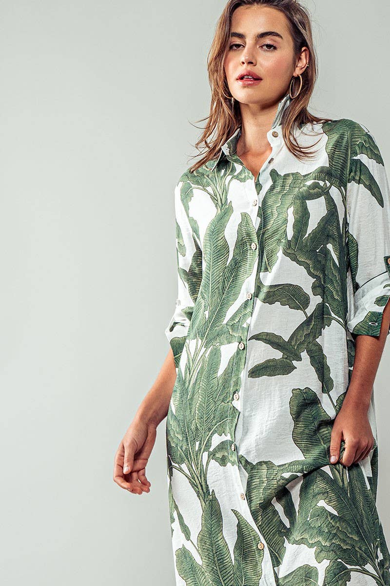 Tropical Palm Leaf Button-Down Midi Dress - Resort, Spring and Summer Collection