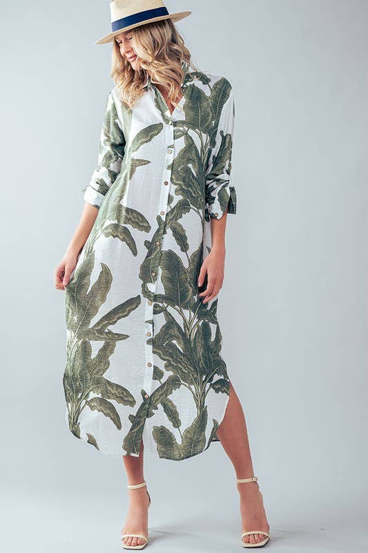 Tropical Palm Leaf Button-Down Midi Dress - Resort, Spring and Summer Collection