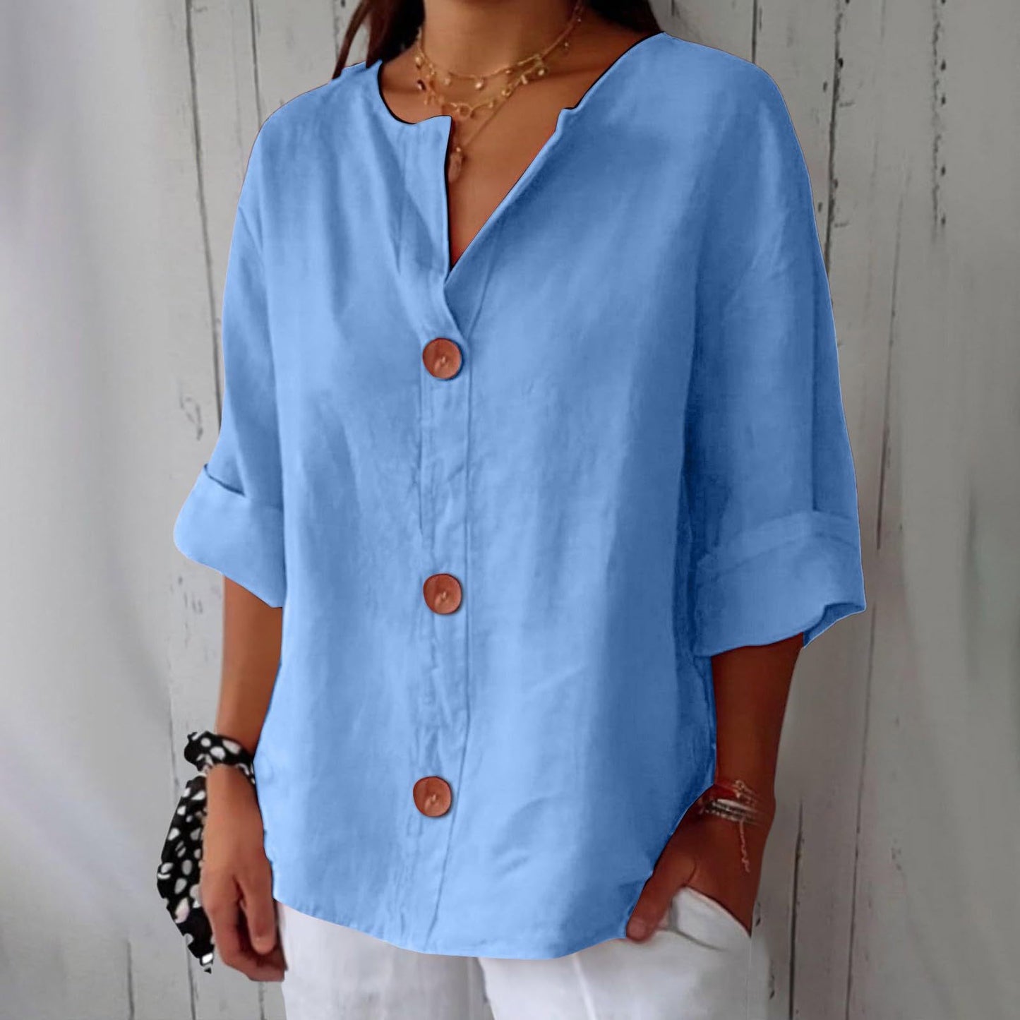 Women's V-Neck Cotton Linen Blouse