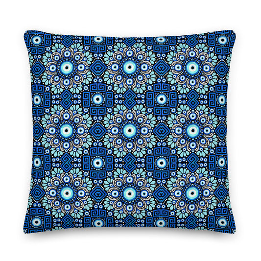 Mati Blue Mandala decorative pillow featuring cobalt, navy, turquoise, white and black artwork from Asteri × Simply Sim Artistry.