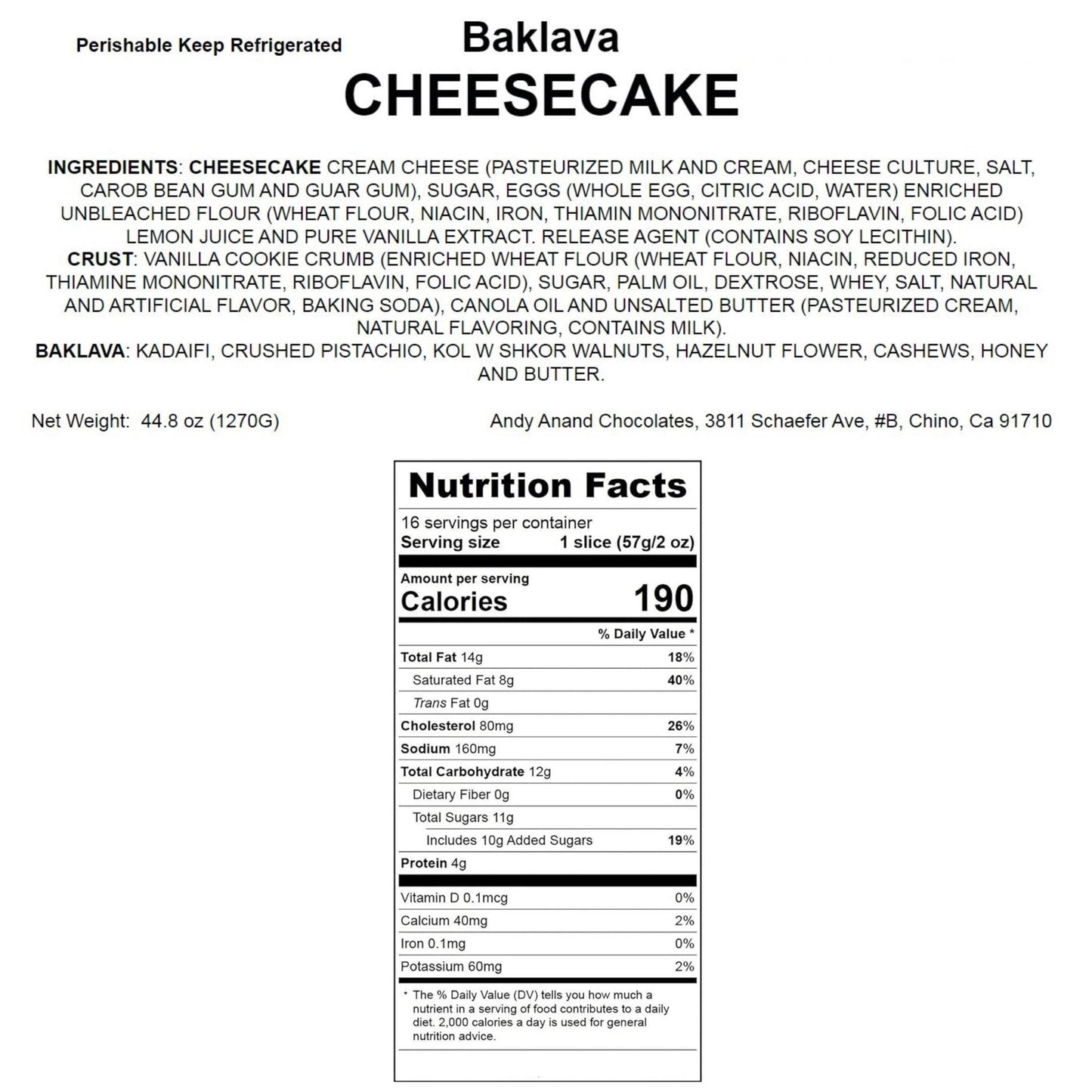 Andy Anand's Exquisite Baklava Cheesecake: Classic Cheese Cake: A Delicious Dessert Option for Any Occasion (9-inch, 2.8 lbs)