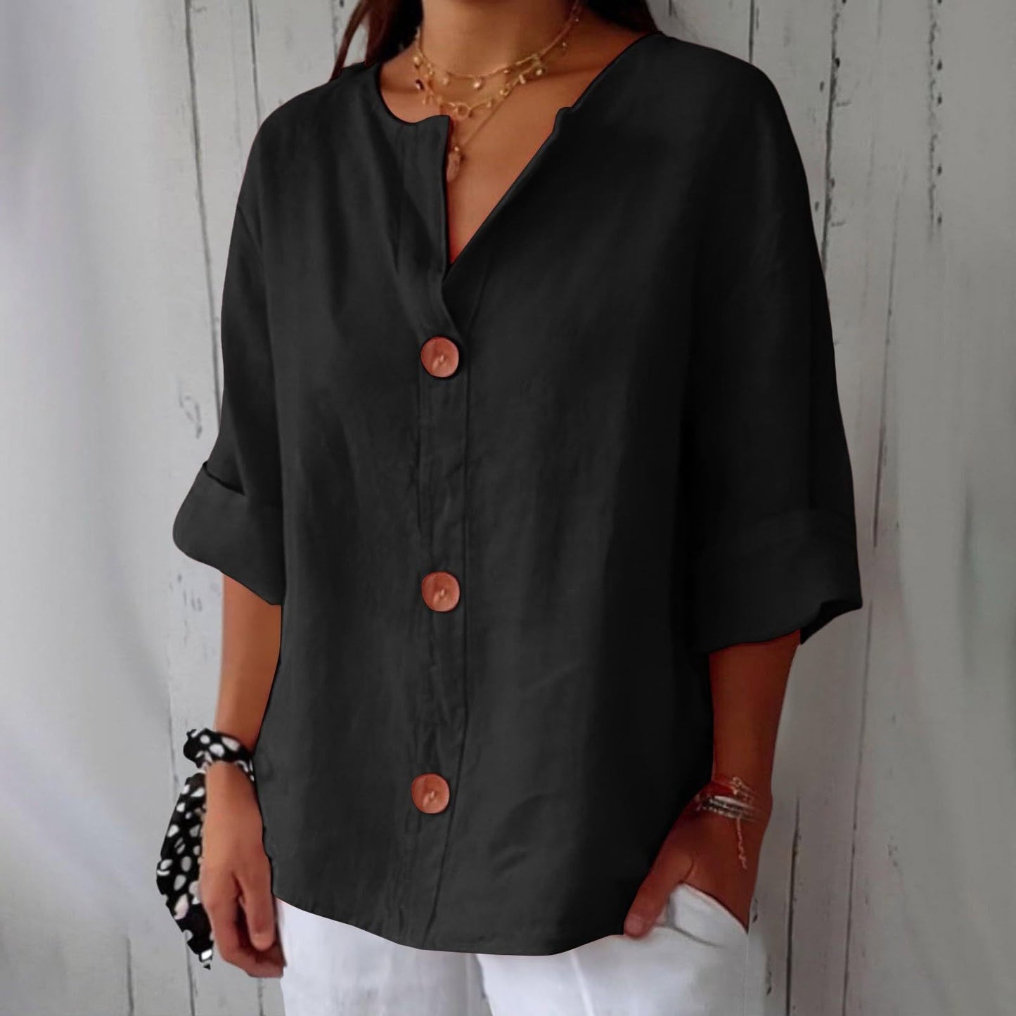 Women's V-Neck Cotton Linen Blouse
