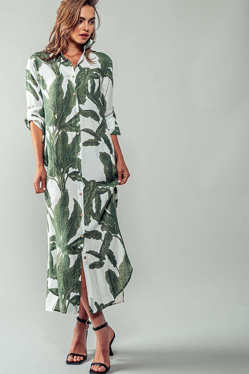 Tropical Palm Leaf Button-Down Midi Dress - Resort, Spring and Summer Collection