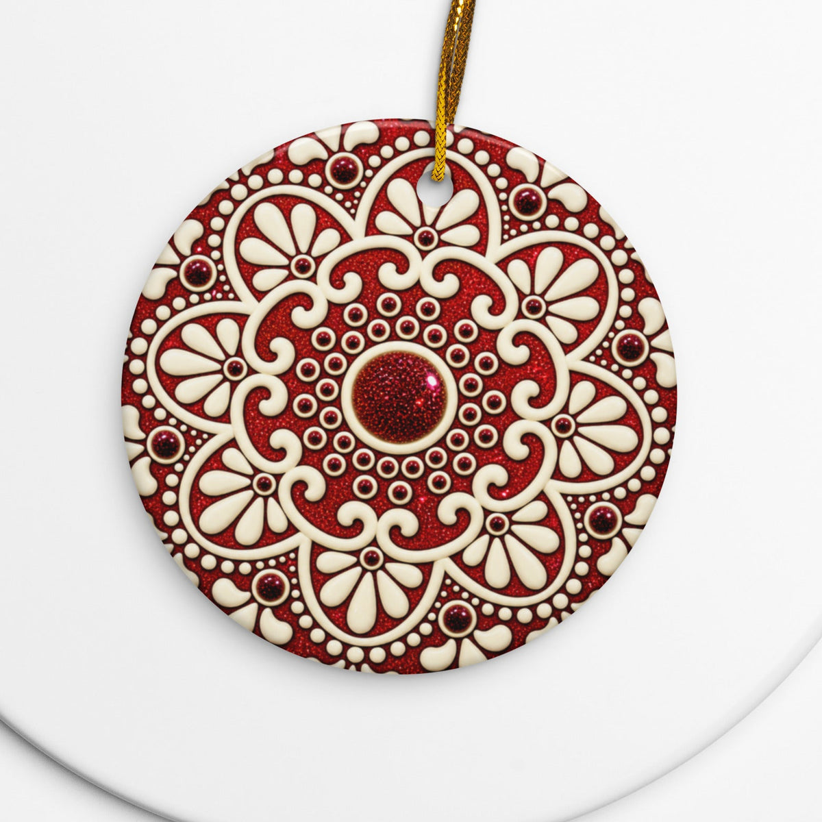 Red and ivory glossy ceramic circle Christmas ornament featuring floral mandala artwork by Simply Sim Artistry × Asteri.
